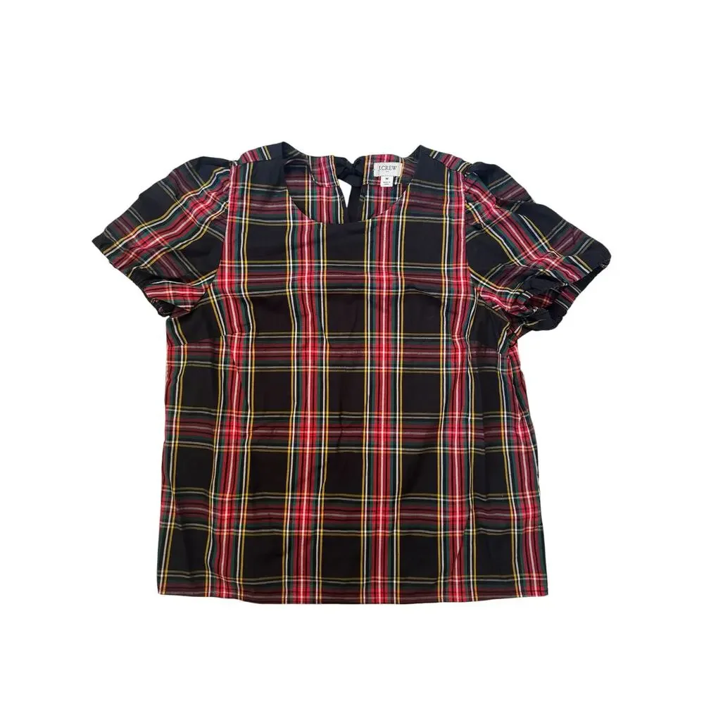 J.CREW Tartan Plaid Poplin Puff Sleeve Top Size Medium Red Black Green Yellow